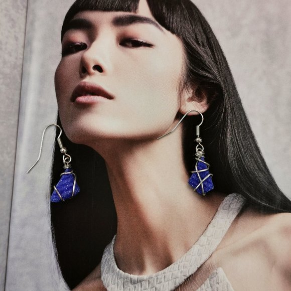 Silver Wire Wrapped Blue Tile Asymmetric Earrings - Picture 7 of 9